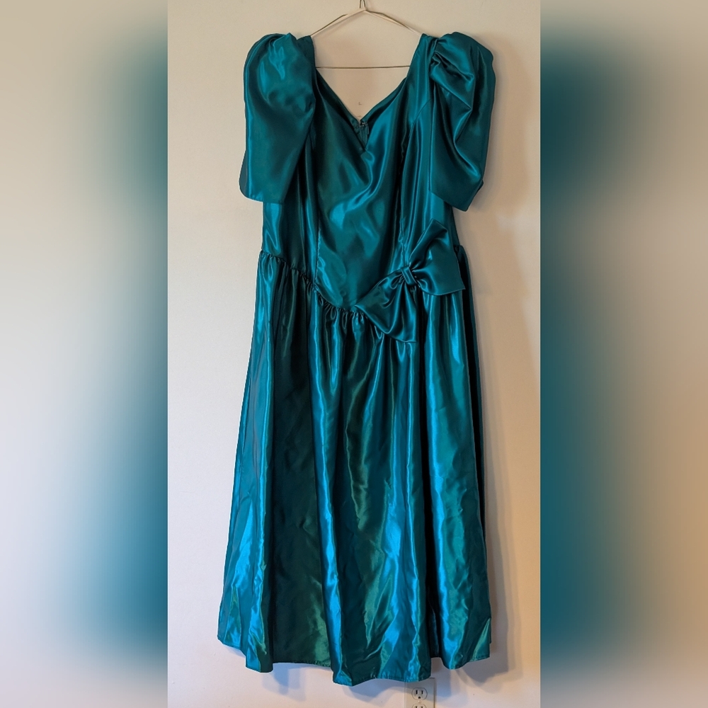 Vintage 80s Alfred Angelo Teal Off The Shoulder Dress with Bow